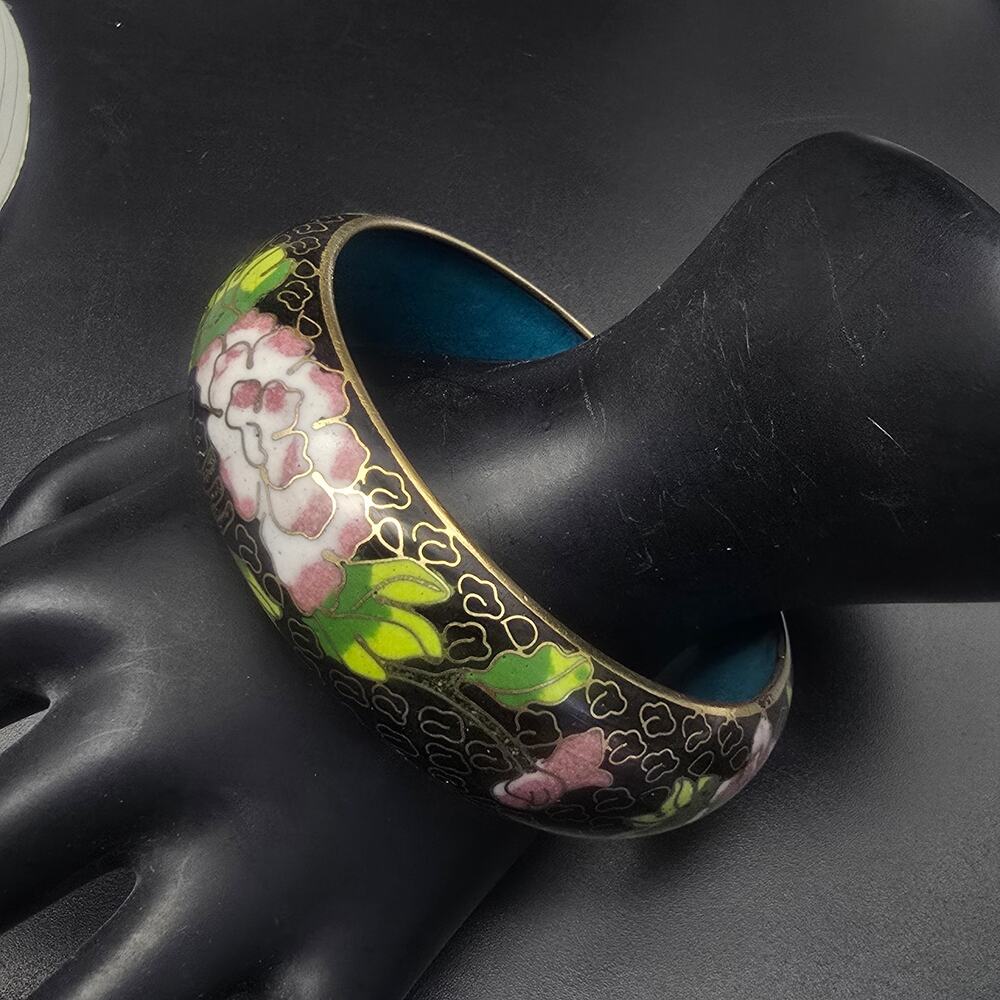 Large Floral Cloisonne Bangle Bracelet Black Pink Vintage Jewelry